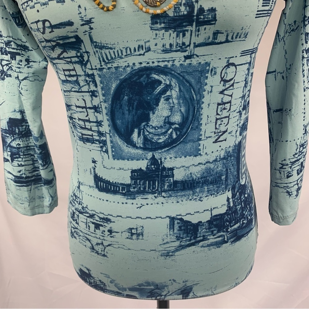 Save the Queen Vintage Graphic Top Sheer Panels Embellished 3/4 Sleeves Blues MS - Picture 10 of 16